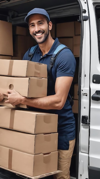 Happy manual worker cooperating while carrying cardboard boxes in a delivery van