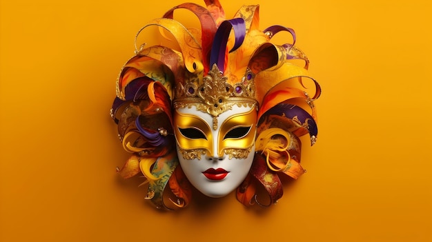Счастливый Марди Гра художественное приглашение с элегантным полным лицом карнавальная маска изолированный желтый фон
