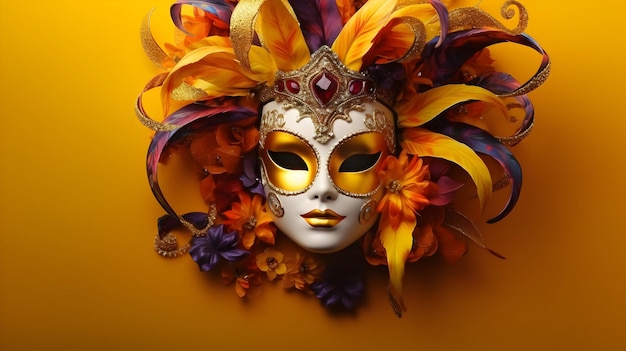 Фон "Счастливого Марди Гра" с бразильской маской для лица "Марди Гра" изолированный желтый фон