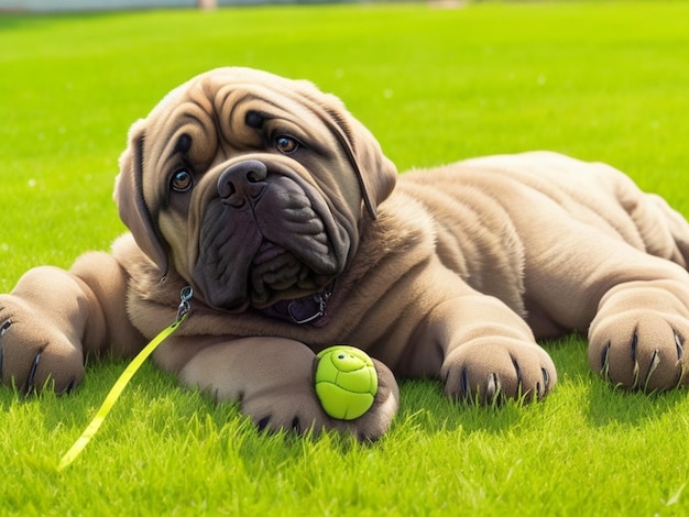Happy Mastiff puppy lying on its back on summer green grass and hugs favorite toy bear