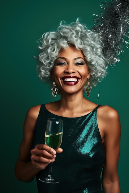 Happy Mature African American woman with Grey Hair Celebrating New Years Party on a emerald Background with Space for Copy