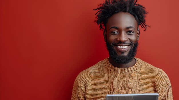 Happy mature and African male reading an email and typing on a tablet in front of a red studio background