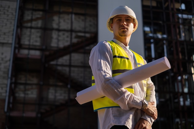 A happy mature architect in a hard hat stands at a construction site holds blueprints in his hands