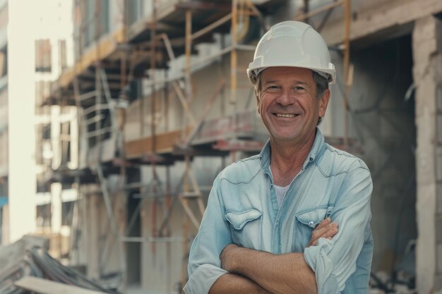 Happy mature architect wearing hardhat standing at construction site