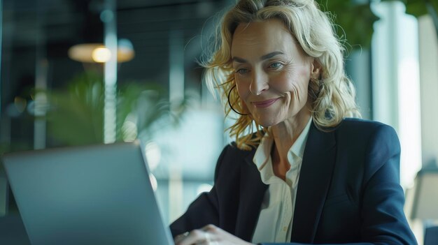 Foto una donna d'affari matura felice seduta a usare un portatile al lavoro.