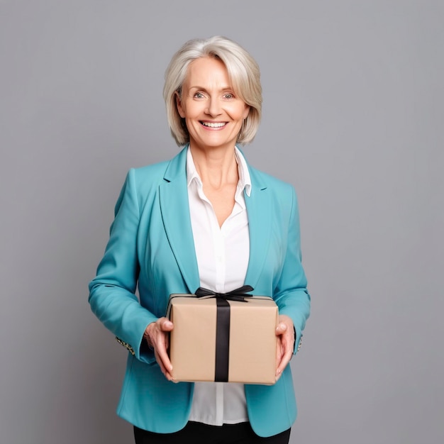 happy mature businesswoman holding box with gift