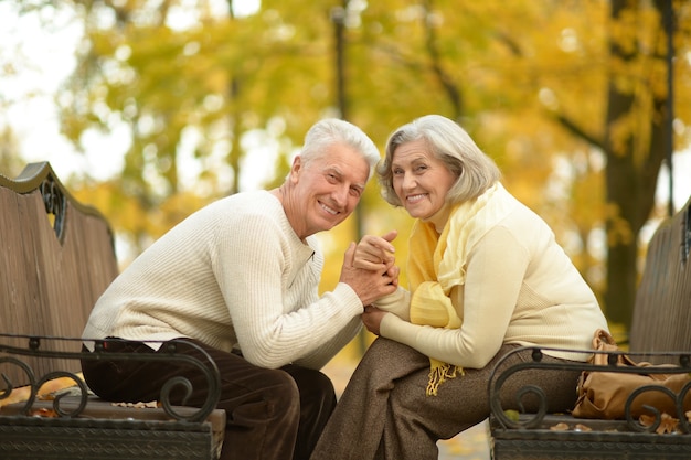 Happy Mature couple in  autumn day,sitting on bench