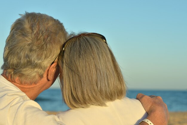 Happy Mature couple relaxing on beach,back view