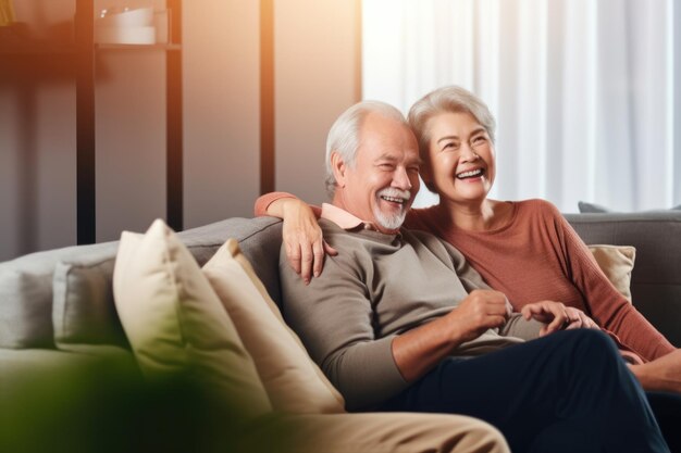 Фото Счастливая зрелая пара сидит дома на диване и счастливо улыбается генеративный ai aig20