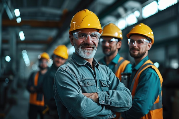 Happy mature engineer and colleagues working in factory