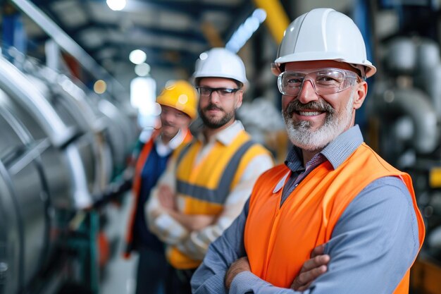 Happy mature engineer and colleagues working in factory