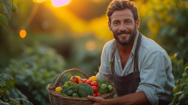 Happy mature man farmer holding a basket of fresh vegetables in the garden at sunset