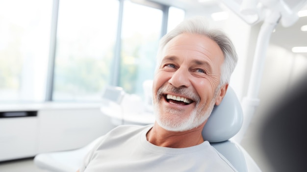 歯科クリニックで歯のチェックをしている幸せな成熟した男性