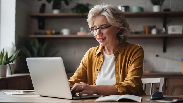 Happy mature middle aged elderly woman reading good news looking at laptop