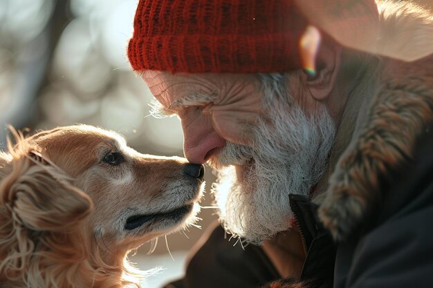 Foto vecchio maturo felice con il cane nel parco autunnale