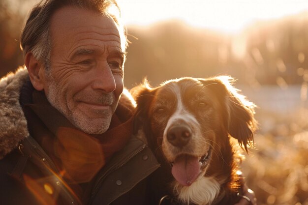 Happy mature old man with dog in autumnal park