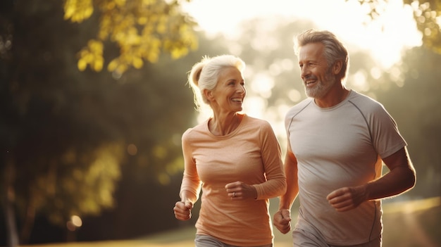 Счастливая зрелая пожилая пара бегает вместе в парке. Беговые упражнения для похудения. Тренировки во время активного выхода на пенсию.