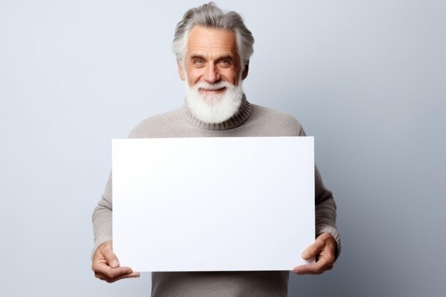 Happy mature senior man holding blank white banner sign isolated studio portrait