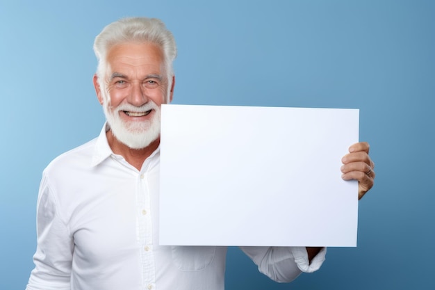 Happy mature senior man holding blank white banner sign isolated studio portrait