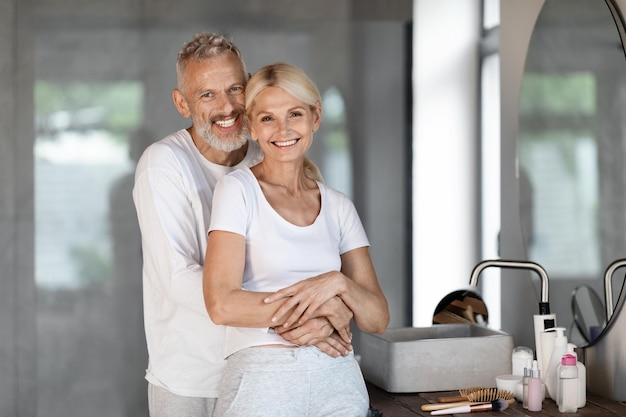 Happy mature spouses embracing in bathroom while getting ready in the morning