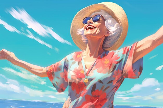 A happy mature woman at the beach in the image Illustration Generative AI