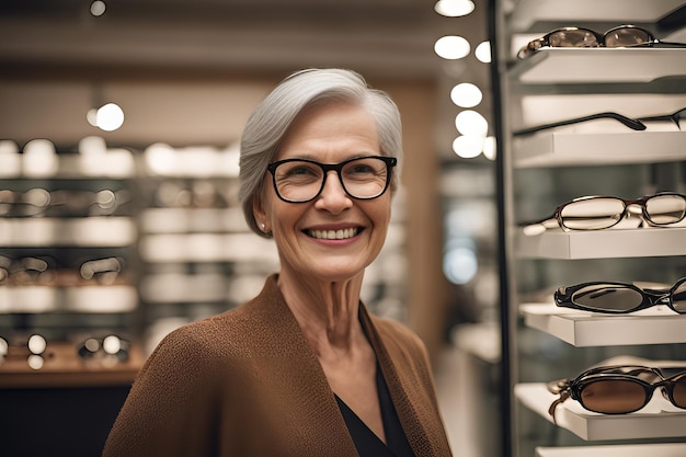 Happy mature woman chooses glasses in an optics store Vision care concept