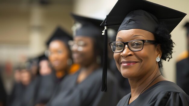 Photo a happy mature woman in her graduation cap and gown smiles at the camera during her graduation ceremony