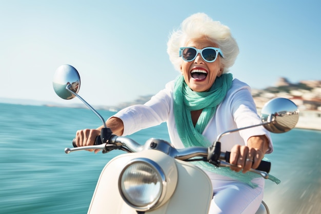 Happy mature woman on scooter in the style of use of vintage imagery