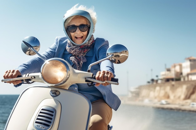 Happy mature woman on scooter in the style of use of vintage imagery