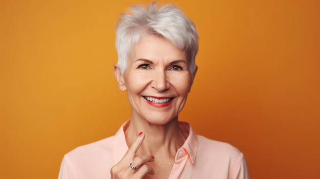 Happy mature woman in studio portrait color background Generative AI AIG20