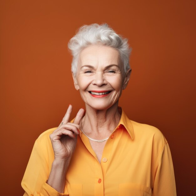 Happy mature woman in studio portrait color background generative ai aig20