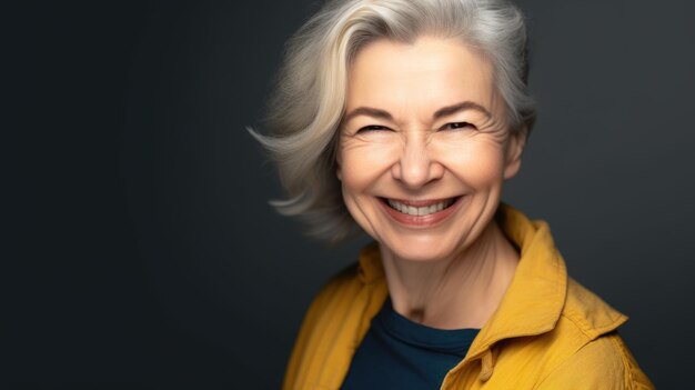 Photo happy mature woman in studio portrait dark color background generative ai aig20