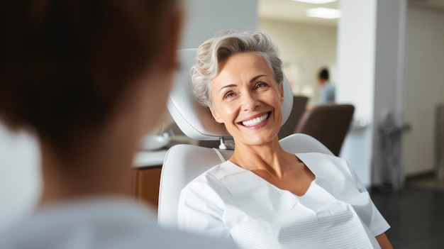 Happy mature woman during teeth checking at dental clinic