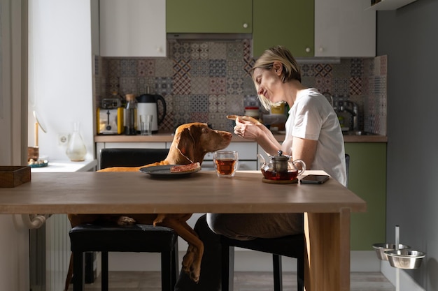 Happy mature woman tries to feed dog with sandwich and smiles sitting at kitchen table