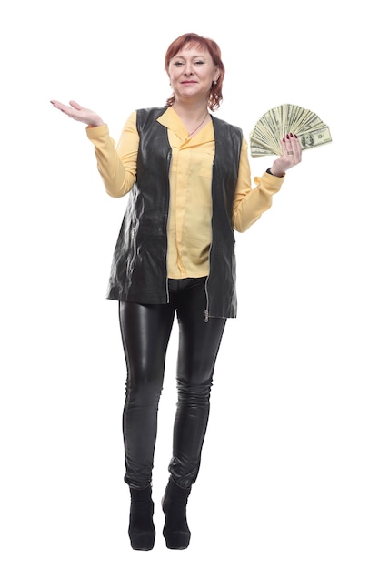 Photo happy mature woman with a fan of banknotes