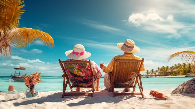 Photo happy mature woman with husband in straw hat sitting on chair on beach