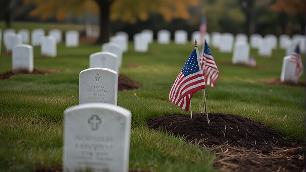 Foto happy memorial day 4k hd achtergrond met bloemen en amerikaanse vlag bij het graf