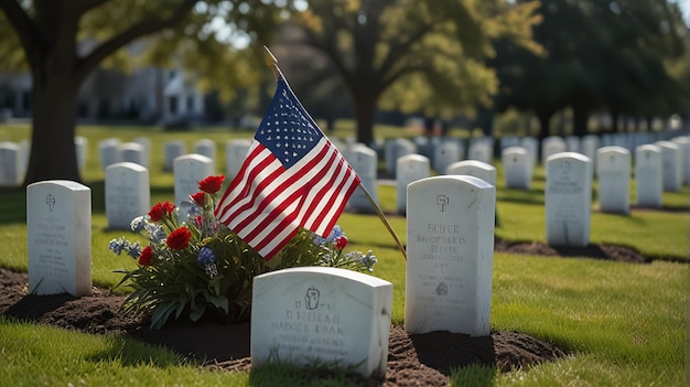 Photo happy memorial day 4k hd background with flowers and american flag near grav