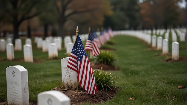 Photo happy memorial day 4k hd background with flowers and american flag near grav
