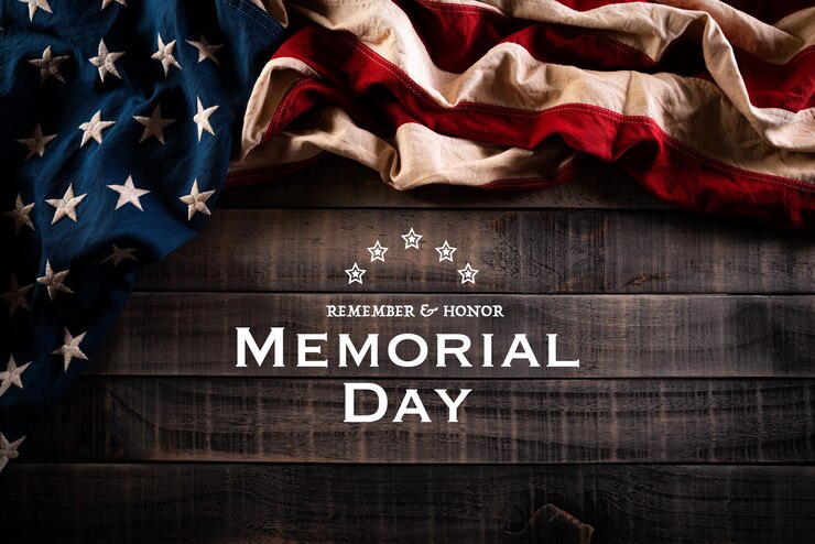 Happy Memorial Day. American flags against old wooden wall