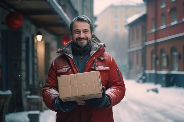 A happy men delivery person dressed in the companys uniform is seen at a customers doorstep col