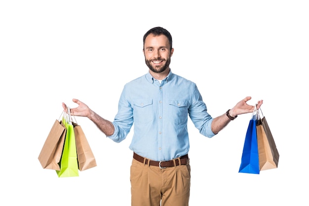 Photo happy men shopping online background