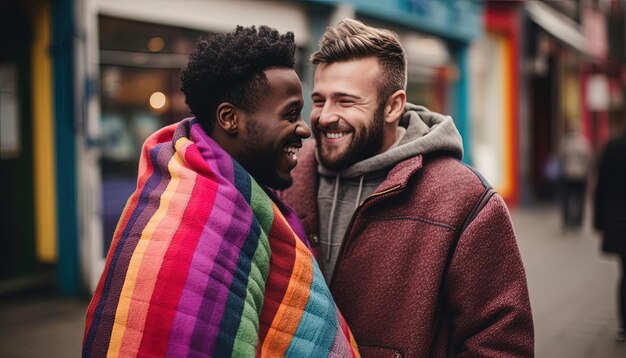 Photo happy men with colorful blankets in a city in the style of queer academia