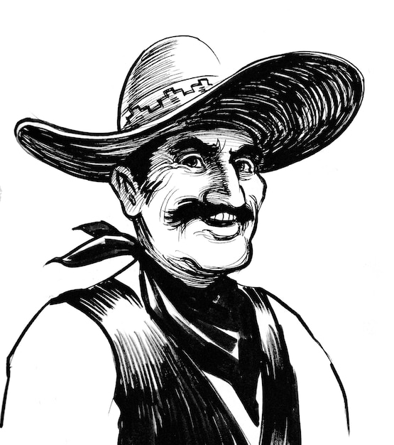 Happy Mexican farmer. Ink black and white drawing