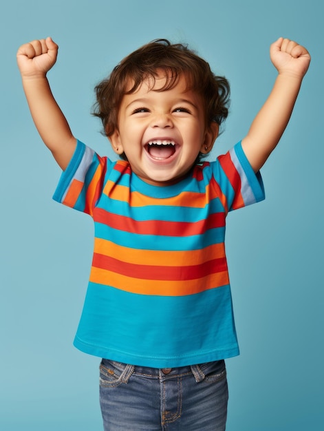 Happy Mexican kid in casual clothing against a neutral background