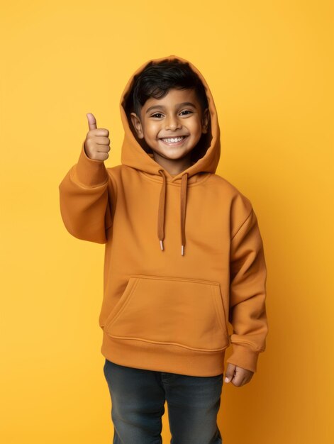 Happy Mexican kid in casual clothing against a neutral background