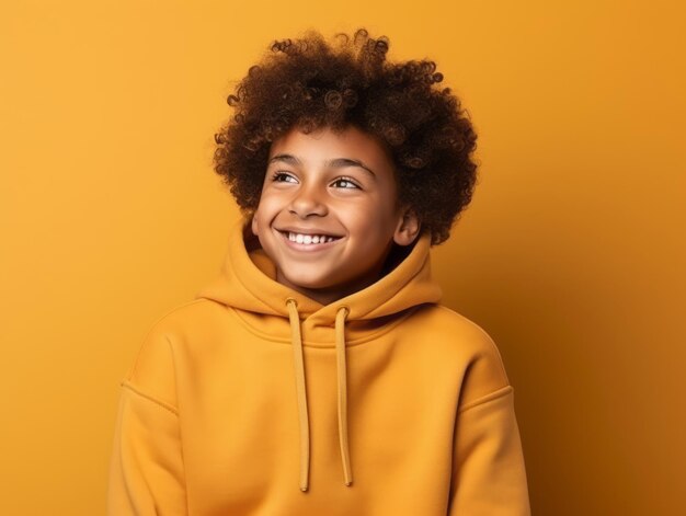 Happy mexican kid in casual clothing against a neutral background