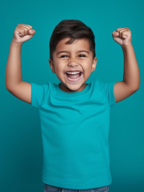 Happy Mexican kid in casual clothing against a neutral background