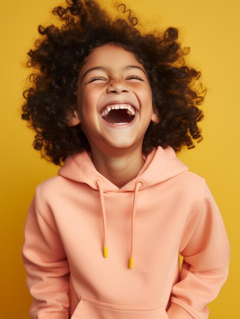 Happy Mexican kid in casual clothing against a neutral background