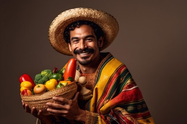 ソンブレロと色の背景に明るいポンチョを着た幸せなメキシコ人男性がシンコ・デ・マヨの祝日を祝うジェネレーティブ・アイ